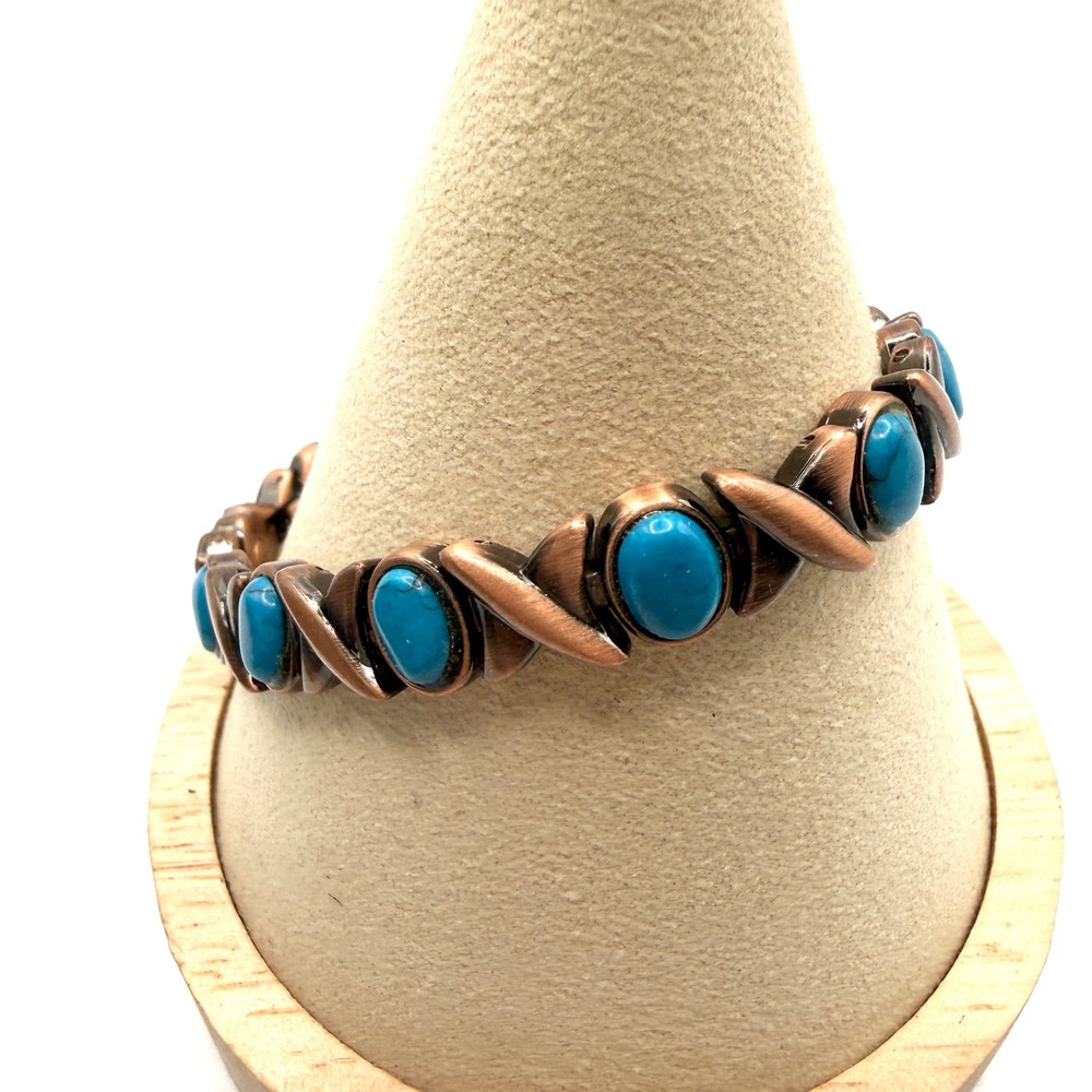Vintage Copper Link Bracelet Turquoise Style Inlay Hugs Kisses Boho